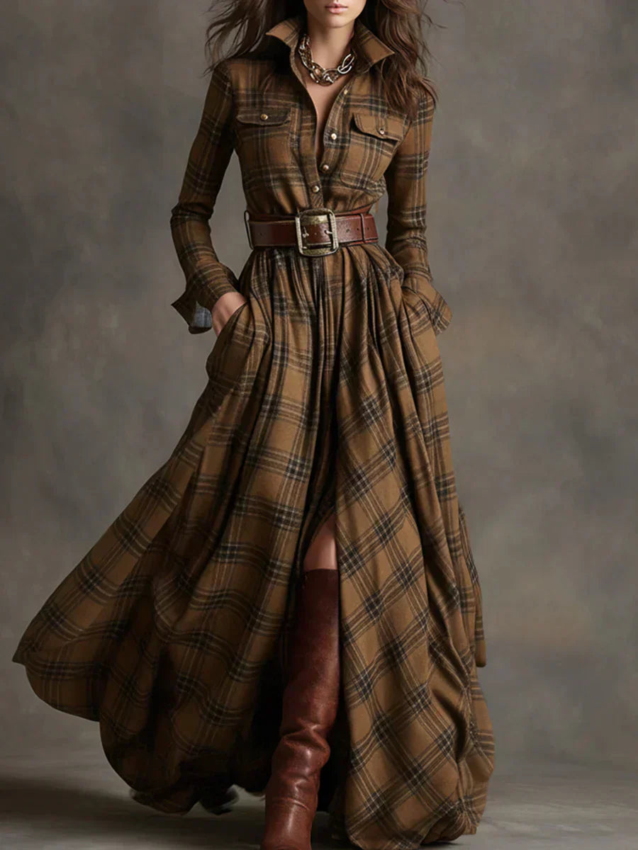 Sara – Retro kockás maxi ruha