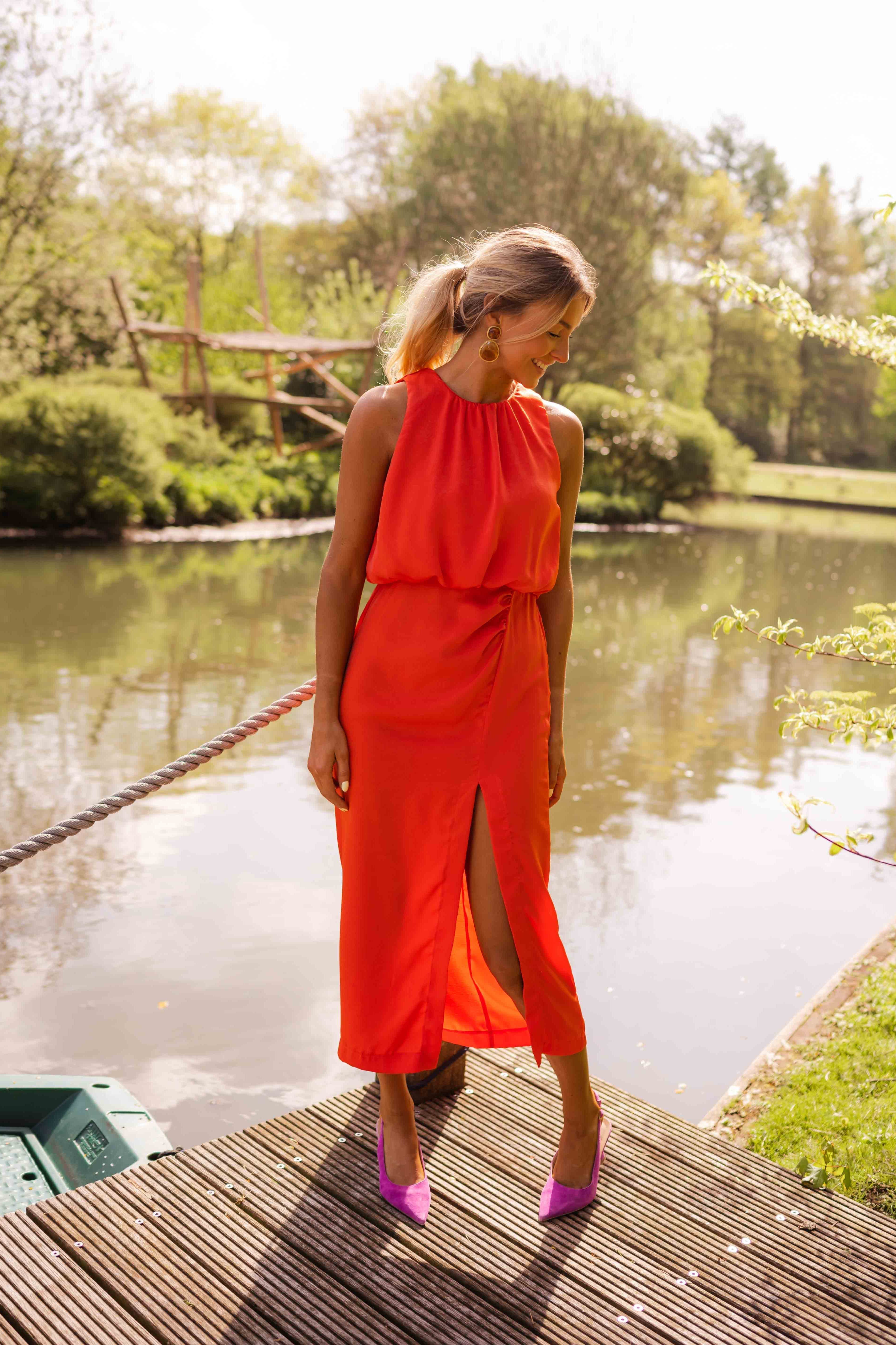 Orania™ Midi Dress with Slit and Draped Waist