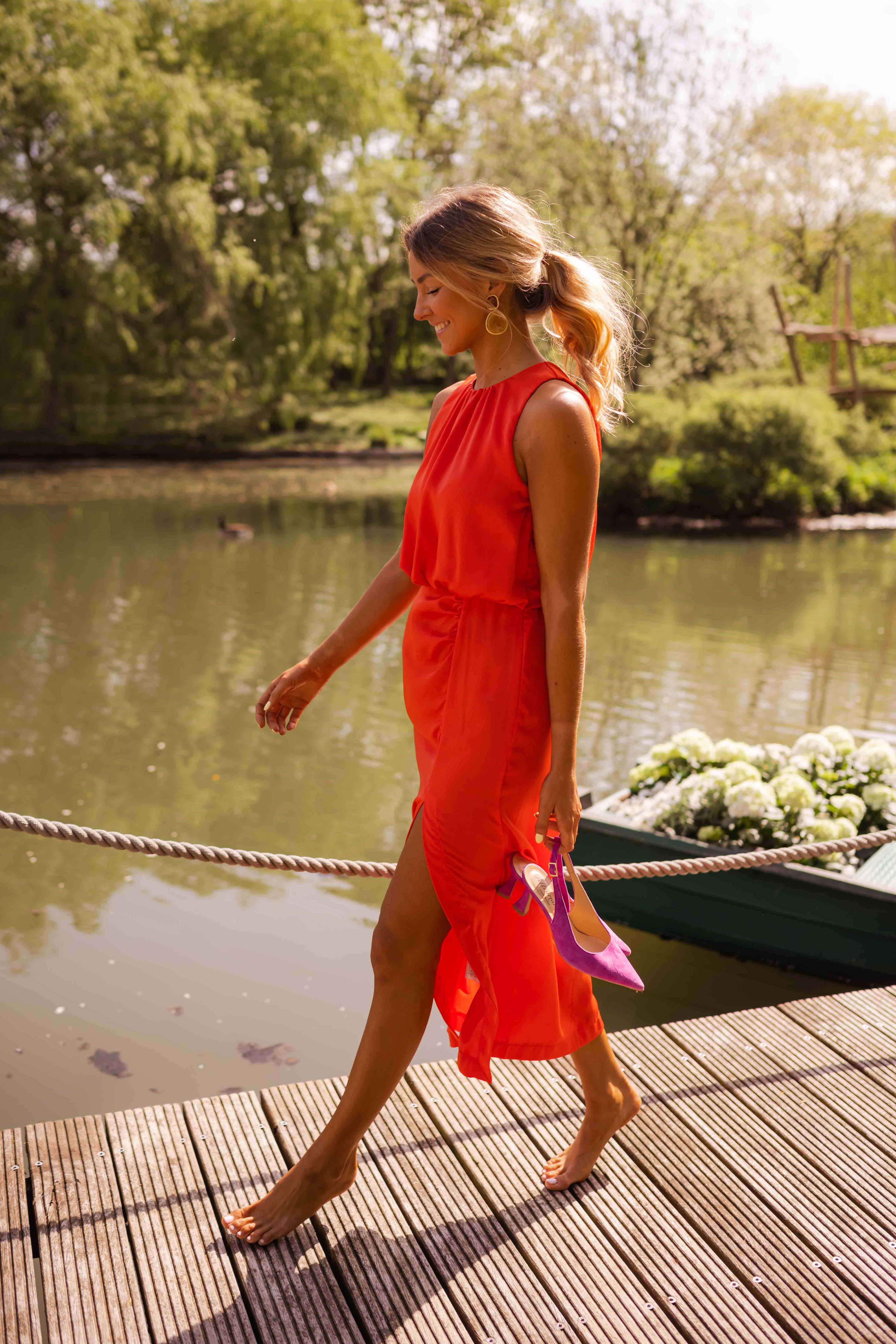 Orania™ Midi Dress with Slit and Draped Waist