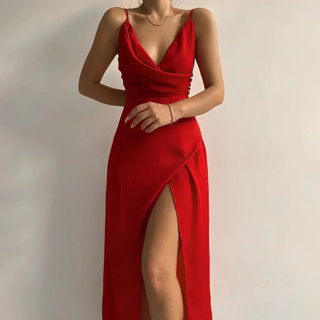 Celestina™ | Satin Maxi Dress with Waterfall Neckline