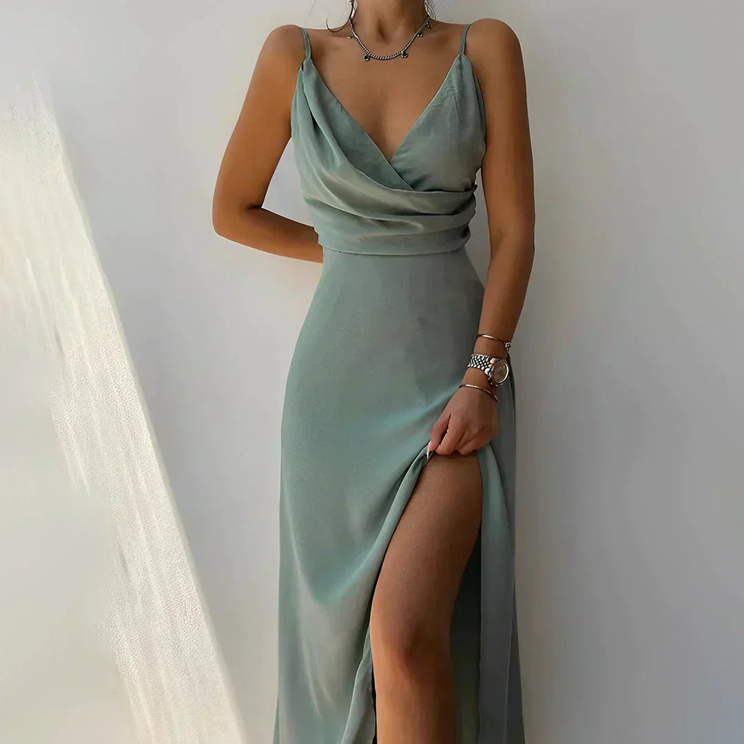 Celestina™ | Satin Maxi Dress with Waterfall Neckline