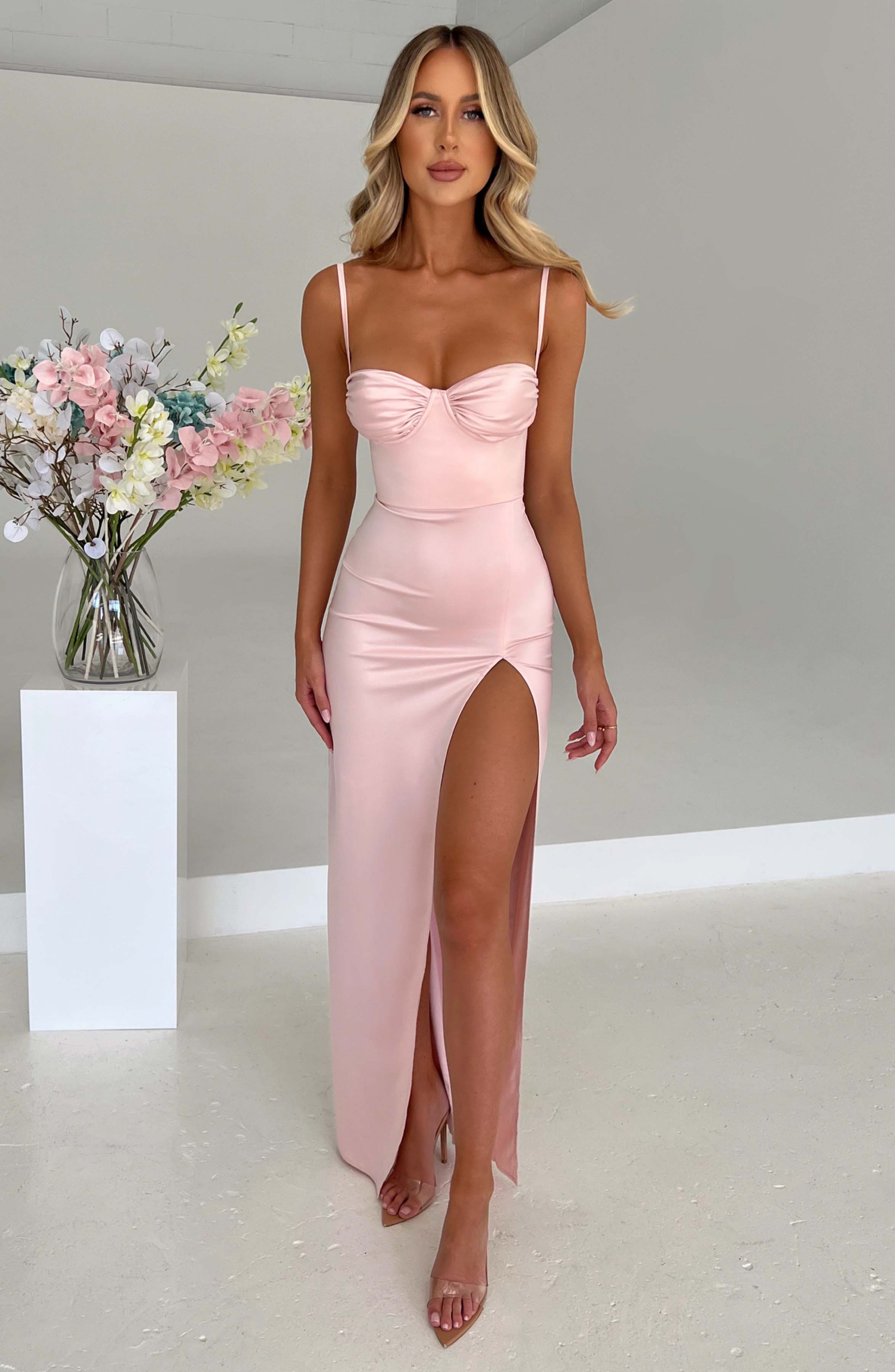 Celestelle™ – Luxury Satin Maxi Dress with Slit and Ruching