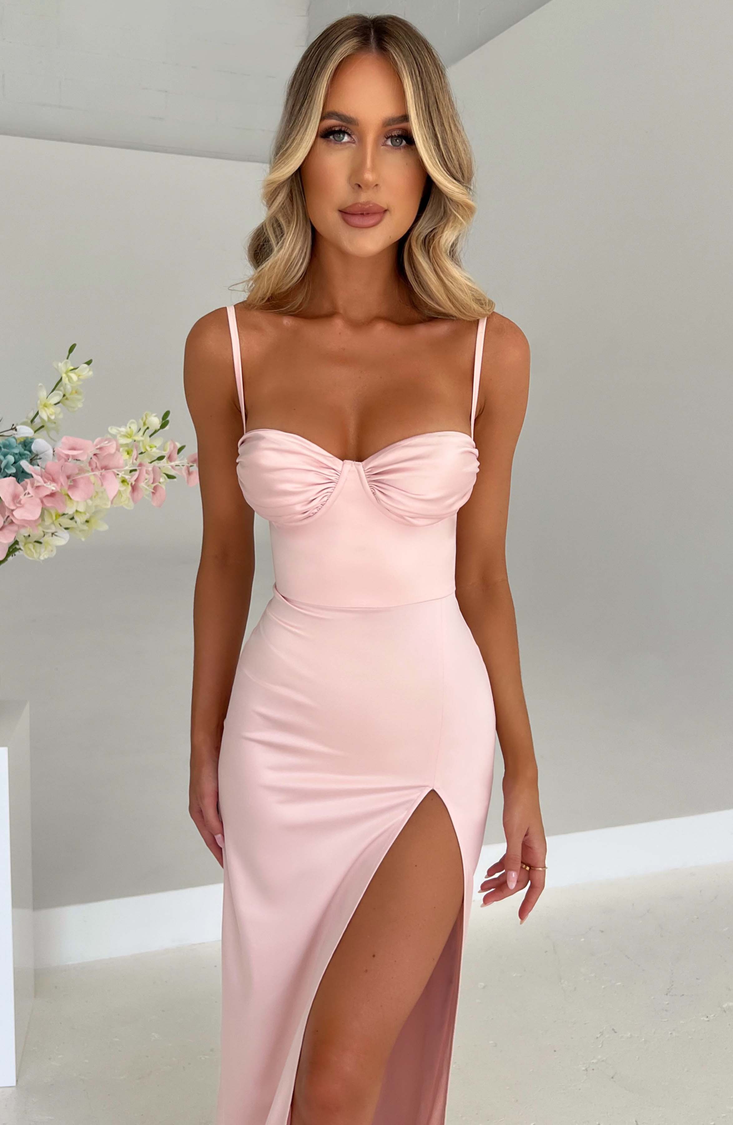 Celestelle™ – Luxury Satin Maxi Dress with Slit and Ruching