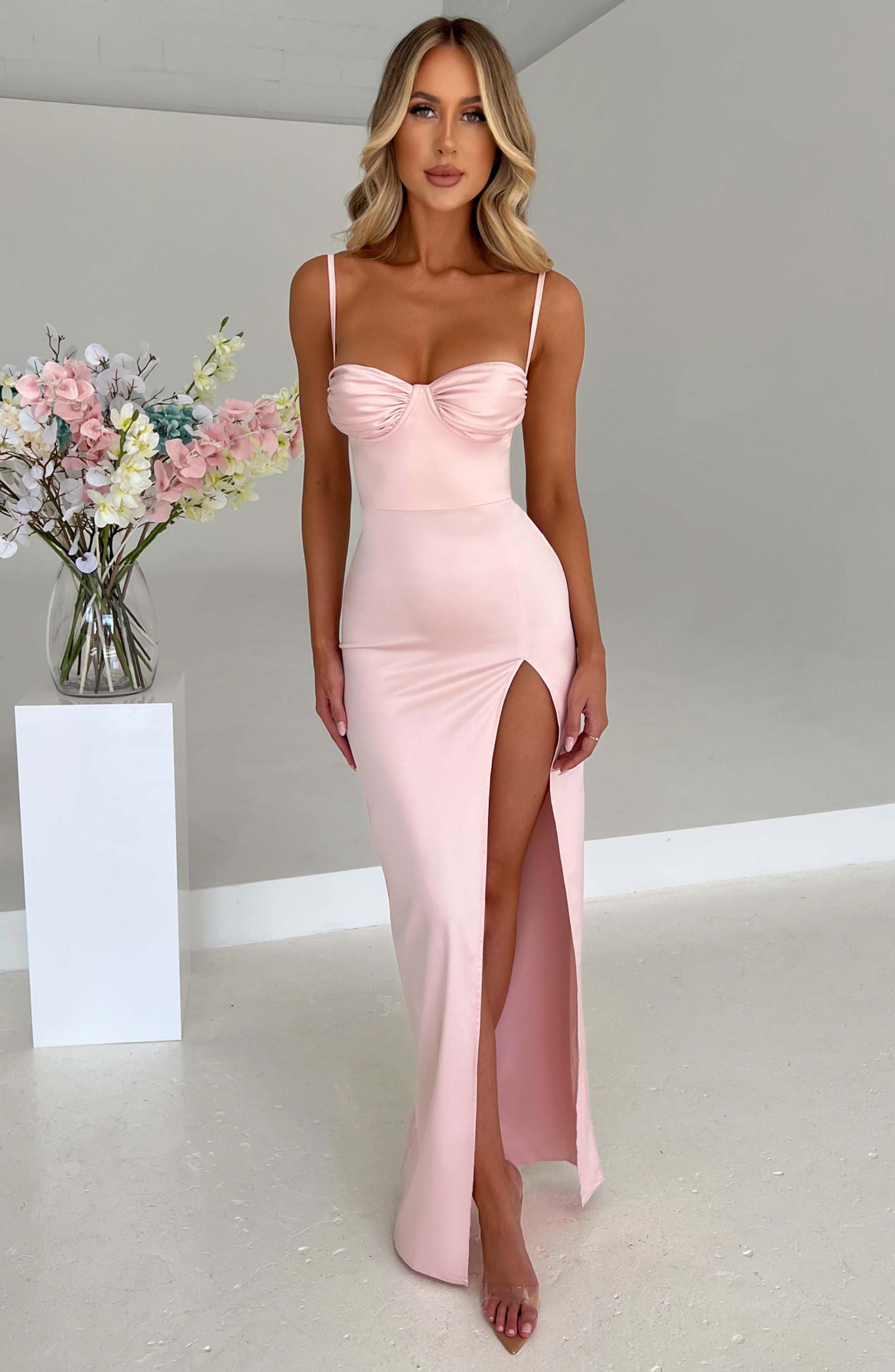 Celestelle™ – Luxury Satin Maxi Dress with Slit and Ruching