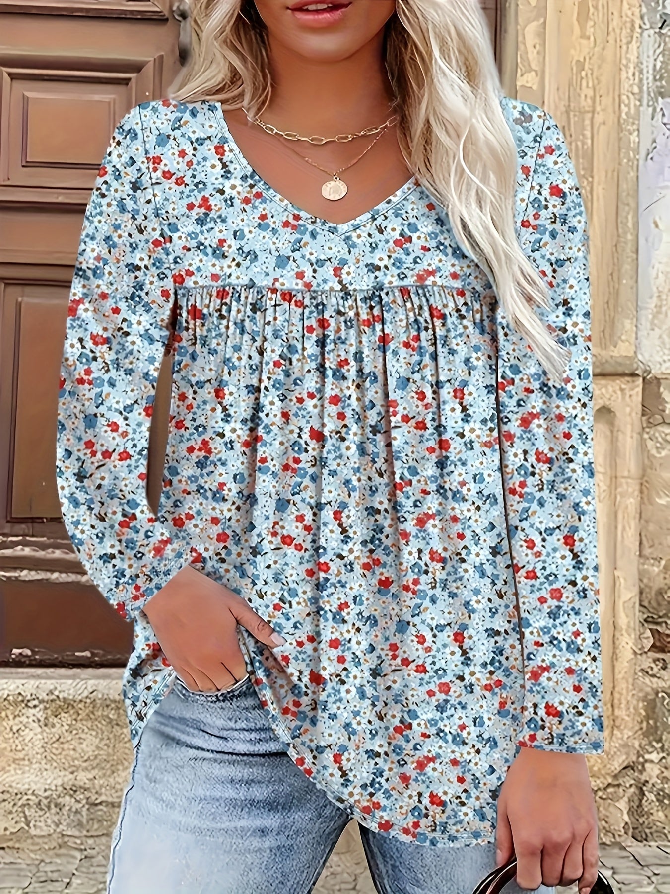 Sofia™ | Women's Blouse with Floral Print - V-Neck Plus Size