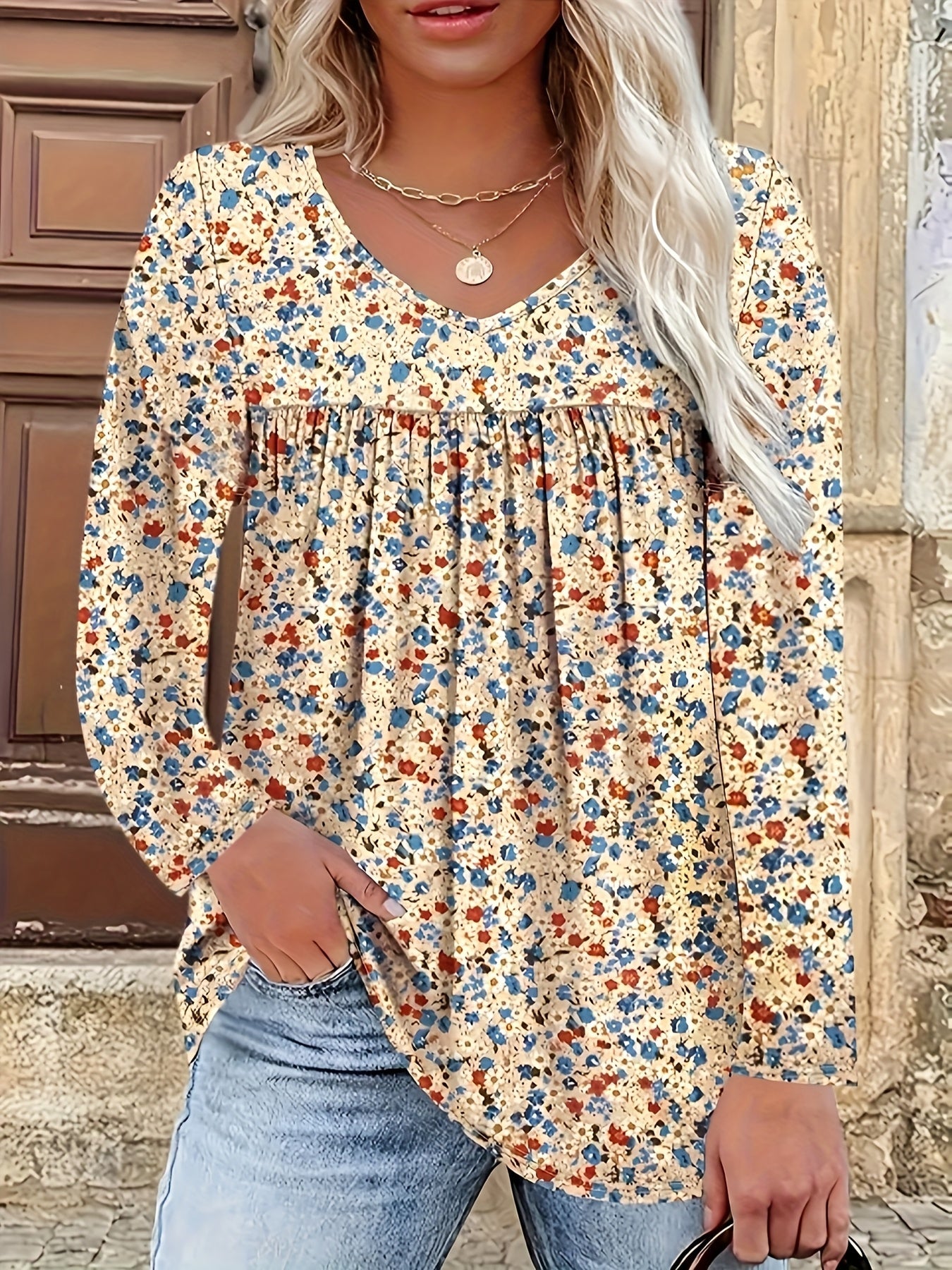 Sofia™ | Women's Blouse with Floral Print - V-Neck Plus Size